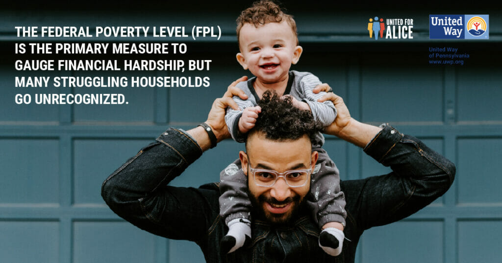 Man holding child on his shoulders with text 